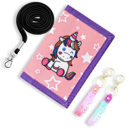 TOKSEO Einhornmuster Kinder Geldbeutel mit 2 Karabinerarmband, Klettverschluss, Kordelzug, Metallkette, Gold Scheinfach und Münzfach, 8 x 12 cm Faltbare Portemonnaie Kinder Geschenk für Kinder