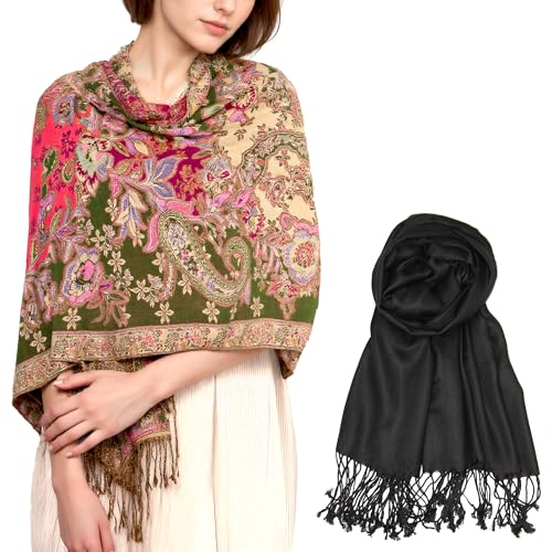 Achillea 2 Pack Solid Black Shawl and Olive Rose Floral Shawl Bundle