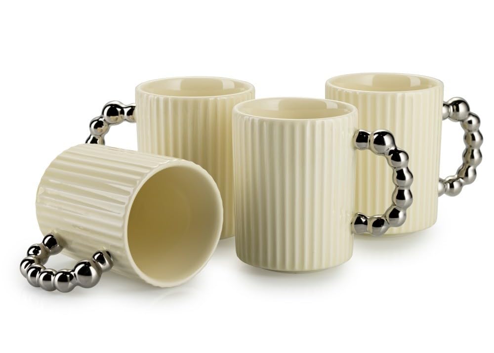 Service à café en céramique pour 4 personnes – Set avec théière, 4 tasses et plateau de service – Service à café crème avec poignée en métal – Idéal pour le service à café ou à thé