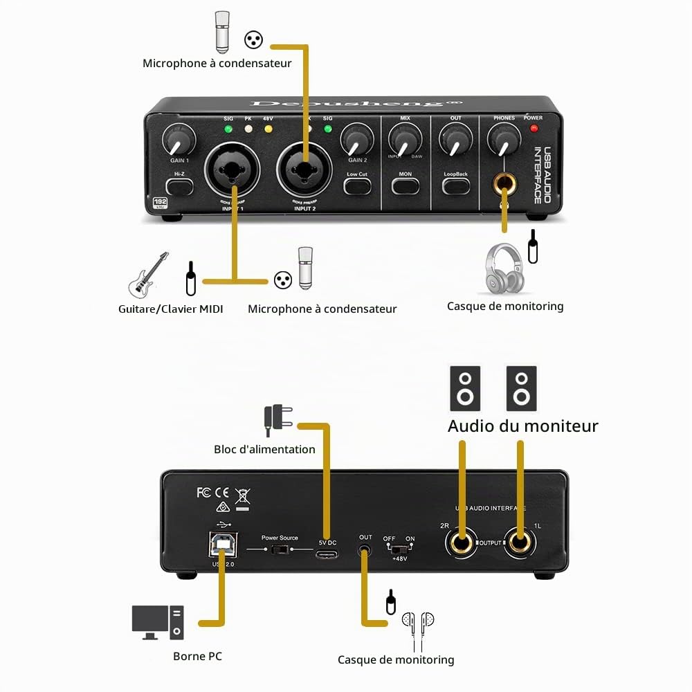 Depusheng RX2 USB interface audio ordinateur enregistrement carte son mélangeur audio, interface audio pour home studio, peut connecter un microphone à condensateur 48V, enregistrement de guitare
