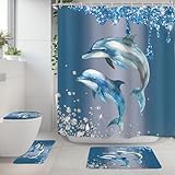 Riyidecor Dolphin Beach Kids 4Pcs Bathroom Shower Curtain Sets Ocean Sparkle Shimmer (No Glitter) Bathroom Decor Set with Rugs and Accessories Toilet Lid Rug, Contour and Bath Mat with 12 Hooks
