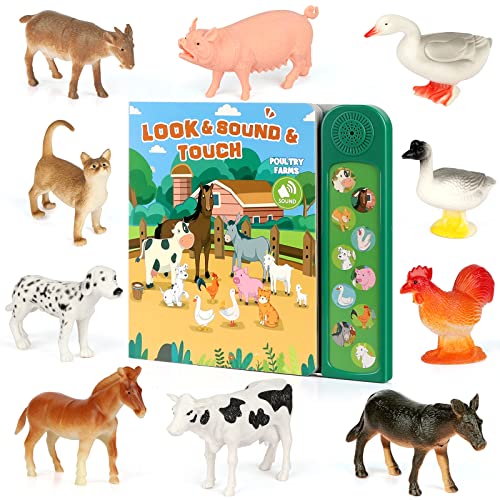 Image of DOMNIU Farm Animals Figures Toys with 10 Realistic Plastic Animal Figurines & Kids Sound Book, Educational Learning Toys Gift for 3 Years Old & Up Toddlers Kids Boys Girls
