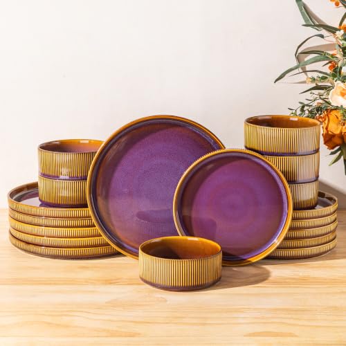 Image of TheTerra Ceramic Dinnerware Sets for 6, 18 Pieces Porcelain Lightweight Plates and Bowls Sets, Scratch Resistant Dish Set, Oven & Microwave & Dishwasher Safe, Amber Amethyst