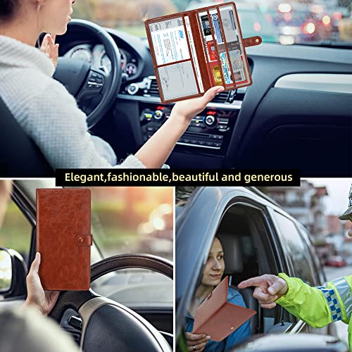 Image of Car Registration and Insurance Holder Glove Box Folder-Premium PU Leather Car Document Wallet Driver's License, Cards and Other Essentials, Reddish brown, Multi-pocket Portable Automotive Document