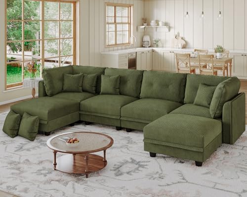 Image of LLappuil 112 inch Modular Sectional Sofa with Storage, U Shaped 6-Seat Corduroy Couch with 6 Throw Pillows, Convertible Sofa Set for Living Room & Apartment, Skin-Friendly & Soft, Green