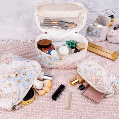 Image of Lyrovo Makeup Organizer Cosmetic Bag Quilted Large Floral Make Up Organize Set for Women Flower Travel Toiletry Bag (BWF)