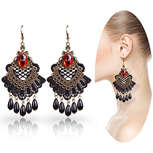 Eternity J. Elegant Vintage Black Lace Victorian Lolita Gothic Pendant Choker Necklace Earrings Set #TOP2