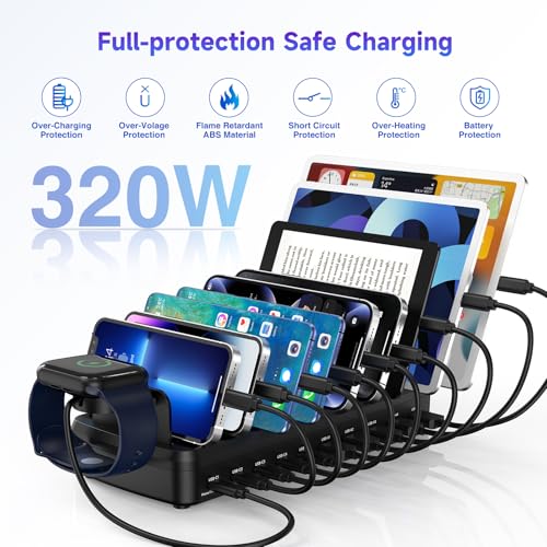 Image of 320W Charging Station for Multiple Devices, 10 Ports Fast Multi-Device Charger Organizer Compatible with MacBook Pro Laptop, iPhone, Android, Ipad, Tablet, Kindle, Multi-Device Charging Dock（Black）