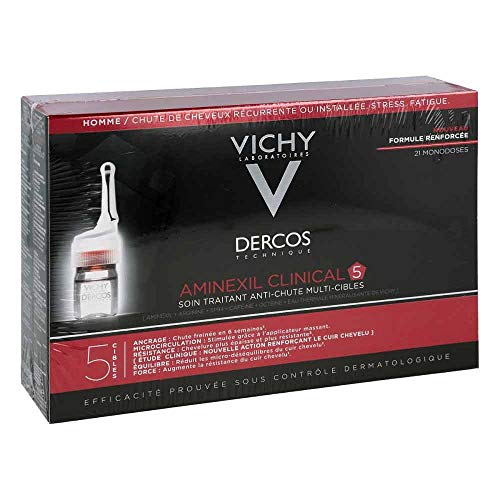 Vichy Dercos Aminexil Intensive 5 Uomo, Trattamento Anti-Caduta Multi-Azione, Fiale Monodose, Per Tutti i Tipi di Capelli, Effetto Rinforzante, Con Aminexil, Arginina, SP94, Vitamine PP-B6, 21x6 ml