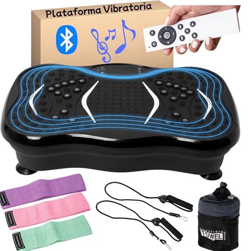 Plataforma vibratoria - Plataforma vibración Muscular - Vibration Plate - Plataforma vibración Adelgazar - Vibrating Plate con Sonido inalámbrico Bluetooh + Bandas elásticas , Manual y Toalla