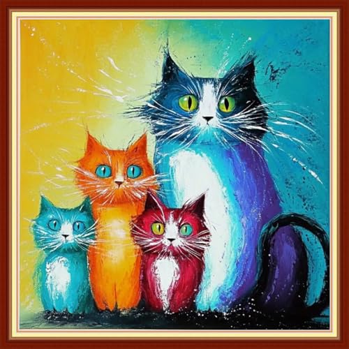 Image of Magxvouy Cross Stitch Kits Stamped Full Range of Embroidery Kits,Cross Stitch Patterns Needlework Kits for Beginners 11CT Printed Kits&A Colorful cat Family 18x18 inch