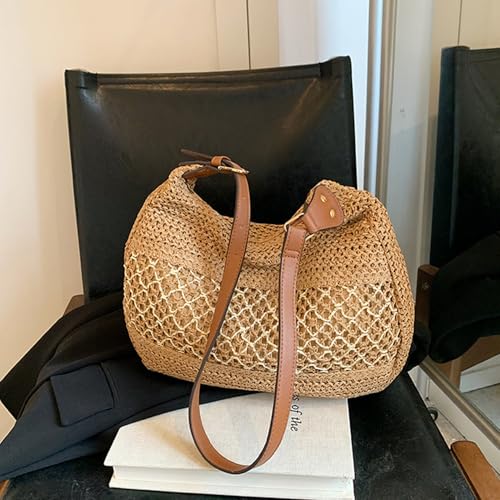 Image of Straw Bags For Women, Summer Beach Purse Tote Large Woven Shoulder Bag Vacation Handbags Underarm Bag Summer Straw Purses