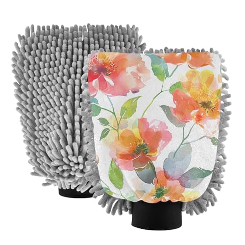 IOACIY Absorbent Microfiber Car Wash Drying Mitts, 2 Pack, Scratch-Free & Lint-Free, Rich Foam, Highly Absorbent, Double Sided, Wash Mitt Perfect for Car Washing, M, Flower (5)