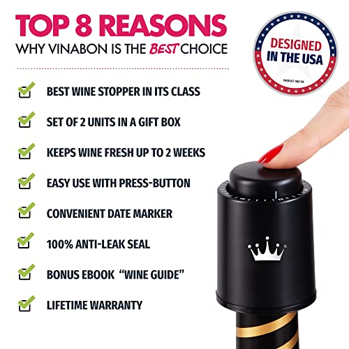 Vinabon Vacuum Wine Stopper Set Of 2 - Preserves Freshness And Flavor For 15 Days. Improved Pump Design, Easy One Button Operation, 100% Leak Proof Seal In Any Position. Includes Wineguide Ebook #TOP1