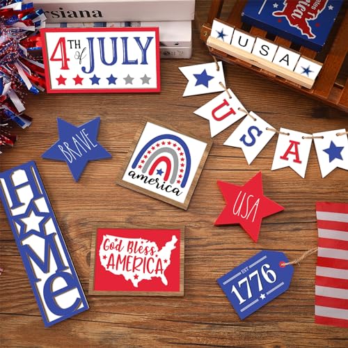 Image of FairySandy 13 Pieces 4th of July Tiered Tray Decor Autumn Patriotic Table Decor Wood Signs Independence Day Red White Blue American Decorations for Memorial Day 250th Anniversary Party Farmhouse Home