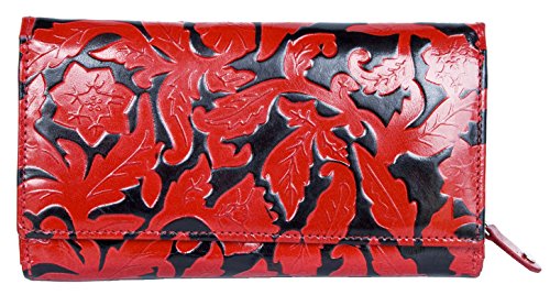 FLW Women's Black-red Clear Coated Genuine Leather Wallet with Leaves Stamping