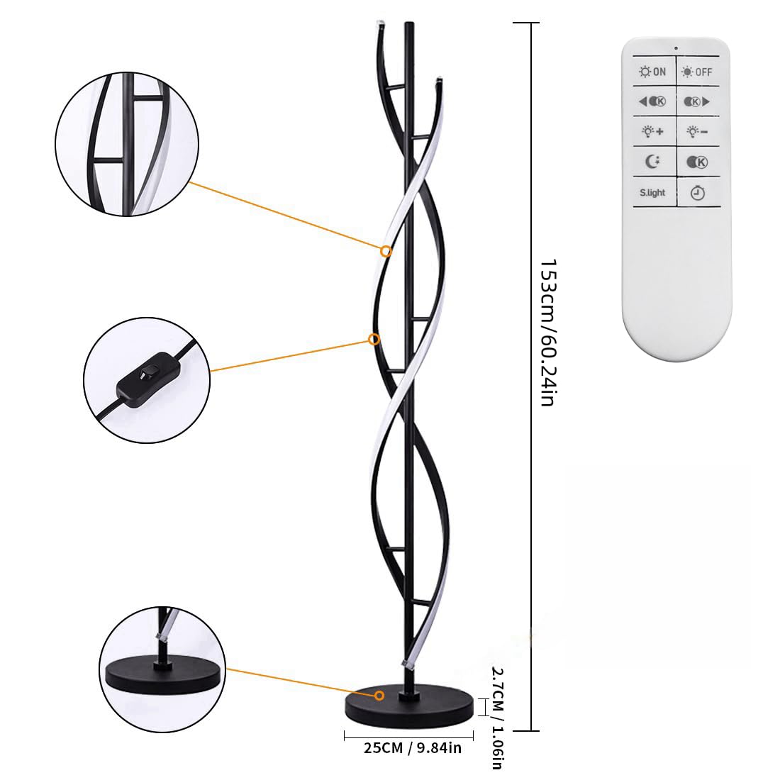 LED Dimmbar Stehlampe,Modern Multi-Color Temperatur Wohnzimmer Stehlampe,153cm Spirale Kreative Standleuchte Gürtel Fernbedienung,30W Standleuchte für Schlafzimmer,Büro,Arbeitszimmer(Schwarz)