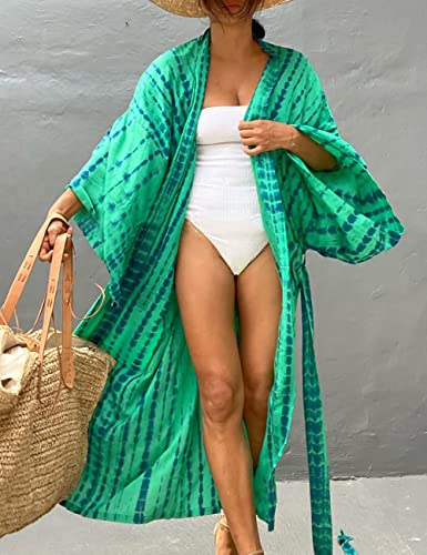 Image of Bsubseach Stylish Tie Dye Open Front Long Kimono Swimsuit Coverup for Women | Loose Fit Boho Style Bathing Suits Cardigans,Summer Causal Resort Wear