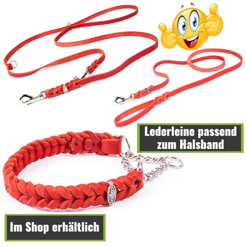 CopcoPet Fettleder Halsband 60–65cm x 25mm Rot – Geflochten mit Zugstopp-Kette – Robust & weich – Verchromte Kette – Lederhalsband für große Hunde, Training & Alltag