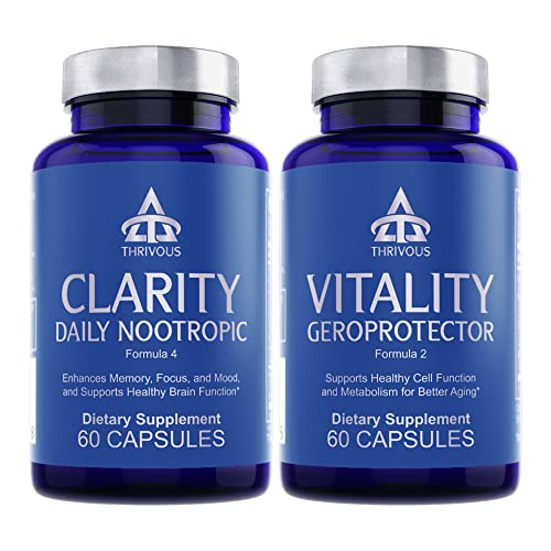 Thrivous Clarity and Vitality Stack - Enhance Brain & Cell Function for Better Aging - Advanced Nootropic Geroprotector Supplement - Includes Clarity & Vitality - 2 Bottles - 120 Capsules