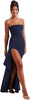 Women's Off Shoulder Backless Ruched Bodycon Dress Sexy Strapless High Split Long Maxi Dresses for Party Cocktail - Buy now