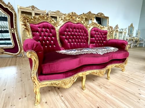 Französisches Sofa Set im Antiken Stil in rotem Samt, Wohnzimmer Sofa Set im Barock Rokoko Stil in Bordeaux Farbe Samt Gold Finish für die Inneneinrichtung – Bild 4