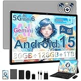 Dghrti 2025 Android 15 Tablet 10 Zoll IPS HD Display [30GB RAM] 128GB + TF 1TB - Octa-Core, 8000mAh, Metallgehäuse, 5MP+8MP, WiFi6, Face ID, Widevine L1 - Tablet Mit Tastatur Und Maus - Grau
