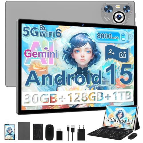 Dghrti Tablet 10 Zoll Android 15 mit 30 GB RAM+128GB ROM(TF 1TB), 5G WLAN, Octa-Core, Widevine L1, Kindersicherung, 8000mAh, BT 5.0, GPS, Tablet mit Tastatur, Schwarz