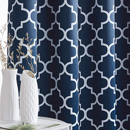 Hlc.me Lattice Print Extra Long Blackout Curtains 108 Inch Long - Noise Cancelling & Energy Smart Privacy Room Darkening Grommet Window Drapes Curtain For Bedroom - Navy Blue - 52 W X 108 L - Set Of 2 #TOP3