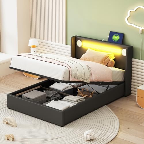 vutizal Cuna de 90 x 200 cm con almacenamiento hidráulico LED musical Bluetooth, estación de carga USB, piel sintética, color negro