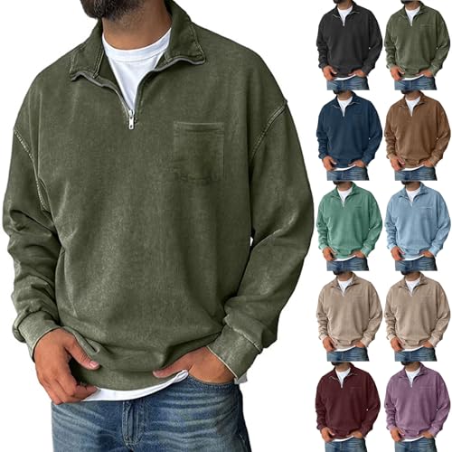 Quarter Zip Pullover Men Classic Fleece Lined Distressed Mock Neck Sweatshirt Vintage Big And Tall Pullover Sweater