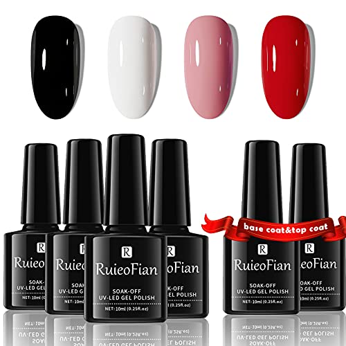PASNOWFU Gel Nail Polish Kit, Black White Classical 4 Colors Gel Polish Kit Popular Nail Art Design, Base Coat Top Coat Included Series Nail Polish Gel Manicure Set DIY Home for Women #7