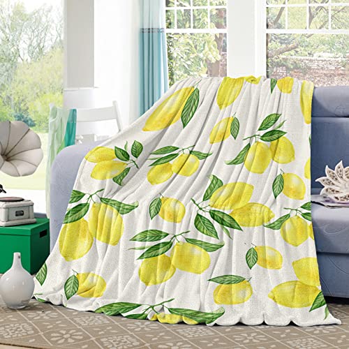 Fleece Throw Blankets For Couch,Farmhouse Watercolor Yellow Lemon Soft Flannel Bed Throws,50X80In Lightweight Cozy Sofa Blankets,Fruit And Green Leaf On Burlap Fluffy Warm Blanket For Home Decor #TOP1