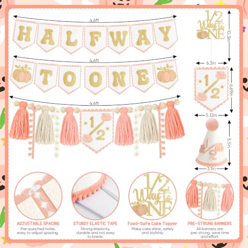 Image of 1 /2 Birthday Girl Half Birthday Decorations-Pink Pumpkin Half Way to One | 6 Months Birthday Decorations; High Chair Banner Boy;Wooden Cake Topper; Half Birthday Hat; Thanksgiving Day Decorations
