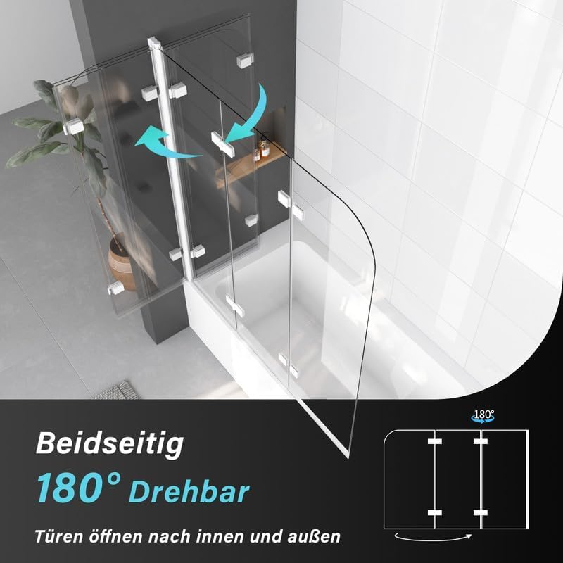 Duschwand für Badewanne 120x140cm Duschabtrennung, 3-Teilig Faltbar klar Badewannenaufsatz, Duschtrennwand mit 6mm NANO ESG Sicherheitsglas, Badewannenfaltwand in Weiß Alu