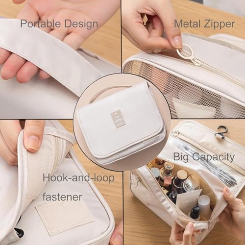 Image of Large Hanging Toiletry Bag for Women Travel Makeup Organizer Cosmetic Pouch with Sturdy Hook Water Resistant Bathroom Wash Bag Multiple Compartments for Skincare Cosmetics & Brushes Beige