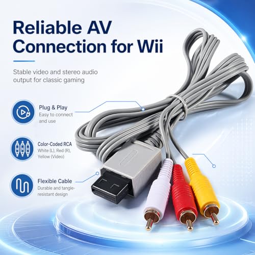 Image of PORTHOLIC AV Cable for Wii and Wii U, 6FT /1.8M Wii Component Cable Composite Audio Video RCA Cable Cord with Red White Yellow Connectors, Plug and Play TV Connection Cable