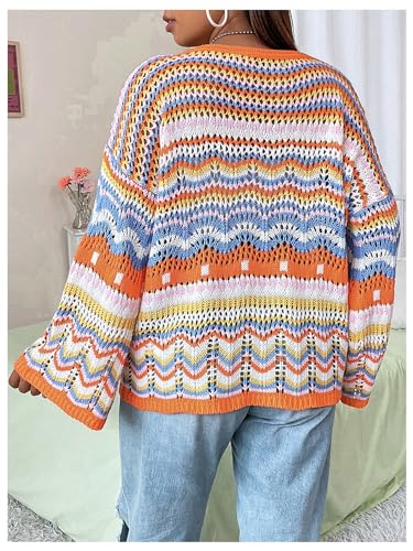 WDIRARA Women's Plus Size Crochet Sweater Colorful Striped Hollow Out Scoop Neck Long Sleeve Knit Top2