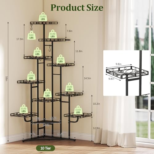 Image of Quikraen 58 inch Tall Plant Stand Indoor,Multiple Tiers Corner Plant Shelf for Corner,10-Tier Large Metal Flower Holder, Plant Rack for Home Decor, Patio (Black)
