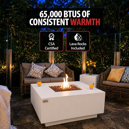 Image of AMS Creations | Brooklyn 40 inch Bundle Square Propane Gas Outdoor Fire Pit Table | Cream White Concrete GFRC Smooth Texture Surface Fire Pit Table