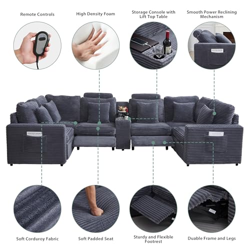 Image of RARZOE Oversized Modular Sectional Sofa with 2 Power Recliner, 6-Seater U-Shaped Corduroy Reclining Couch with Storage Console Charging Cup Holders, Fluffy Comfy Cloud Sofa Couch for Living Room,Grey