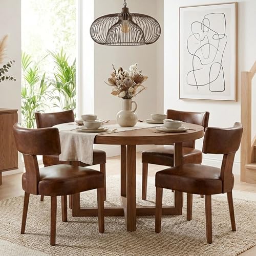 Image of HNY Century Modern Dining Chairs Set of 4, Farmhouse PU Leather Upholstered Accent Chair Curved Backrest Kitchen Chairs, with Hardwood Frame, Brown 4PC
