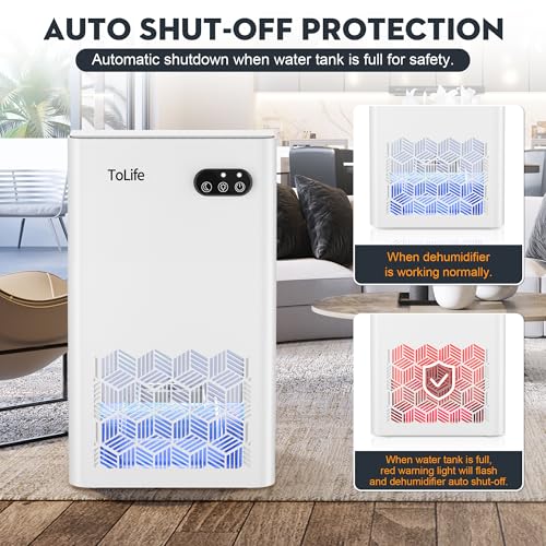 Image of ToLife Dehumidifiers for Home 95 OZ Water Tank, 1000 sq.ft Dehumidifier for Basement Bedroom Bathroom with Auto Shut Off 7 Colors LED Light,White