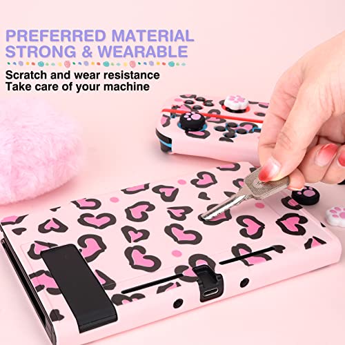 DLseego Pink Love Leopard Carrying Case for Switch, Cute Silicone Protective Shell Soft Cover with 4pcs Thumb Grip Caps and Pink Plush Heart Pendant Hard Storage Case Accessories Bundle Kit for Girls - Image 2