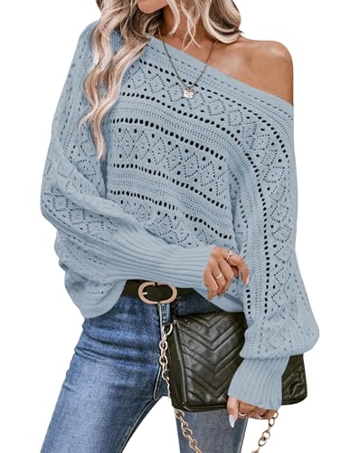 Image of Cakulo Womens Off Shoulder Sweater Top Fall Outfits Fashion 2025 Oversized Knit Batwing Long Sleeve Crochet Pullover Sweaters