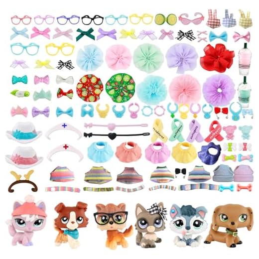 FFTYAOPB Mini Pet Shop Lot de 3 jouets pour animaux de compagnie et 7 accessoires, joli nœud, collier, lunettes, couvre-chefs et autres décorations pour mini figurines, jouets, collie, chat à poil