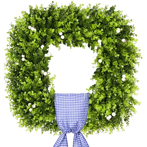 Colorspec 20 Inch Boxwood Wreaths for Front Door Foldable Square Summer Wreath with Sash Outside All Season Greenery Artificial Green Spring Wreath Outdoor for Farmhouse Yard Wedding Garden Decor