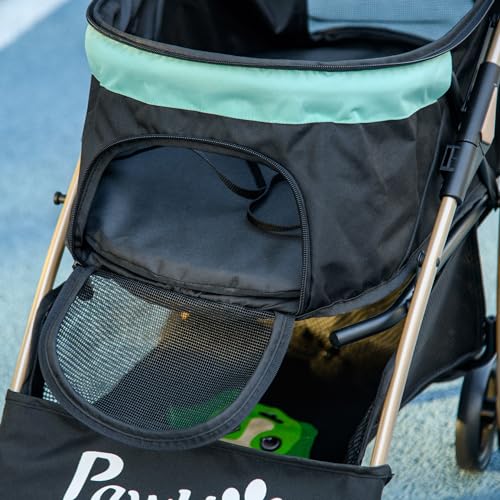 Pawhut Dog Stroller With Rain Cover, Foldable Dog Pram, 4 Wheels Pet Pushchair With Safety Leashes, For Small, Miniature Dogs, Cats - Green - 8
