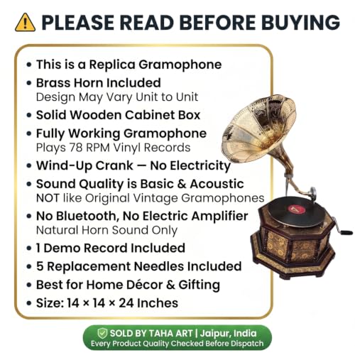 Image of Taha Art - Decorative Vintage Replica Gramophone (Wooden & Brass, 78 RPM, Demo Disc Included)