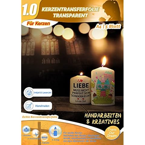 TransOurDream Kerzentransferfolie für Laserdrucker/Tintenstrahldrucker Kerzensticker Kerzentattoos Tattoofolie Transferfolie A4X5 Blatt Cover